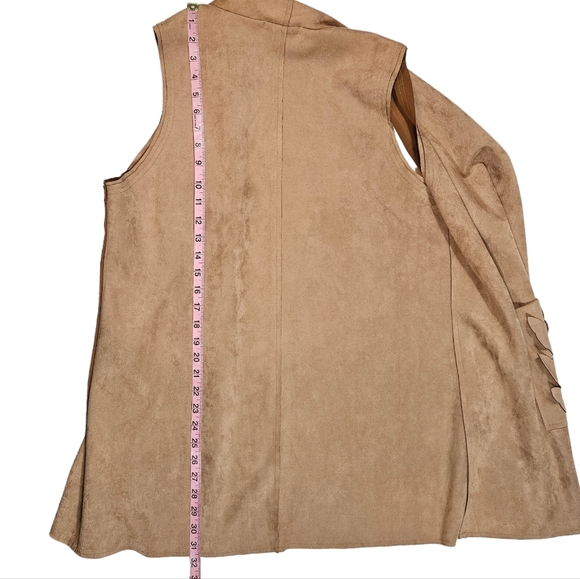Brown Faux Suede Open Front Drape Vest Sz L Floral Boho Western Cowgirl Festival - Picture 14 of 15